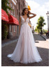 V Neck Beaded Ivory Lace Tulle Slit Wedding Dress